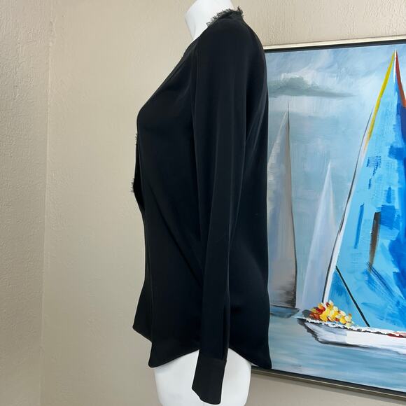 Theory Blouse Black silk Long Sleeve with eyelash lace trim V-neck Small Petite - Picture 2 of 5